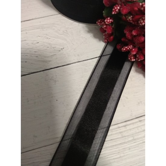 Лента органза с атласом 2,5 см цв. черный, цена за 1 м